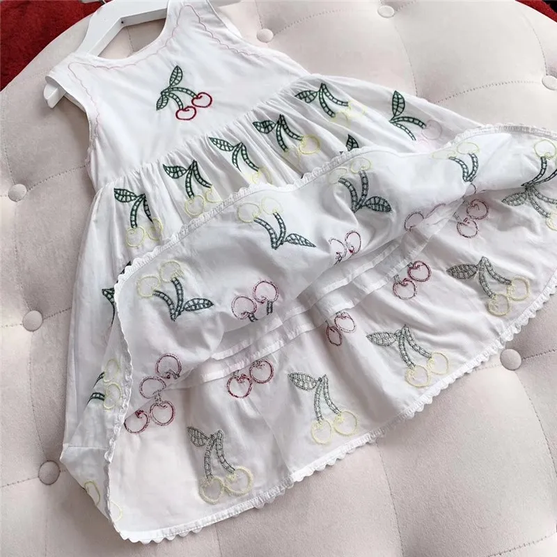 2019 NEW Cherry Pattern Embroider Baby Girls White Dress Floral Print Party Boutique Summer Puff Sleeve for Clothes | Детская одежда и