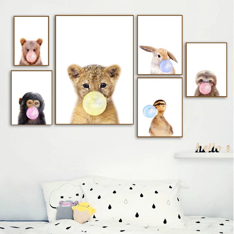 

Lion Bear Rabbit Koala Duck Pink Bubble Wall Art Canvas Painting Nordic Posters And Prints Wall Pictures Kids Room Nursery Decor