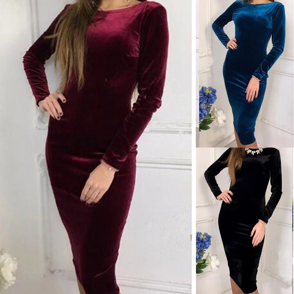 Новый для женщин бархатные Вечерние Платье С Открытой Спиной Длинным Рукавом