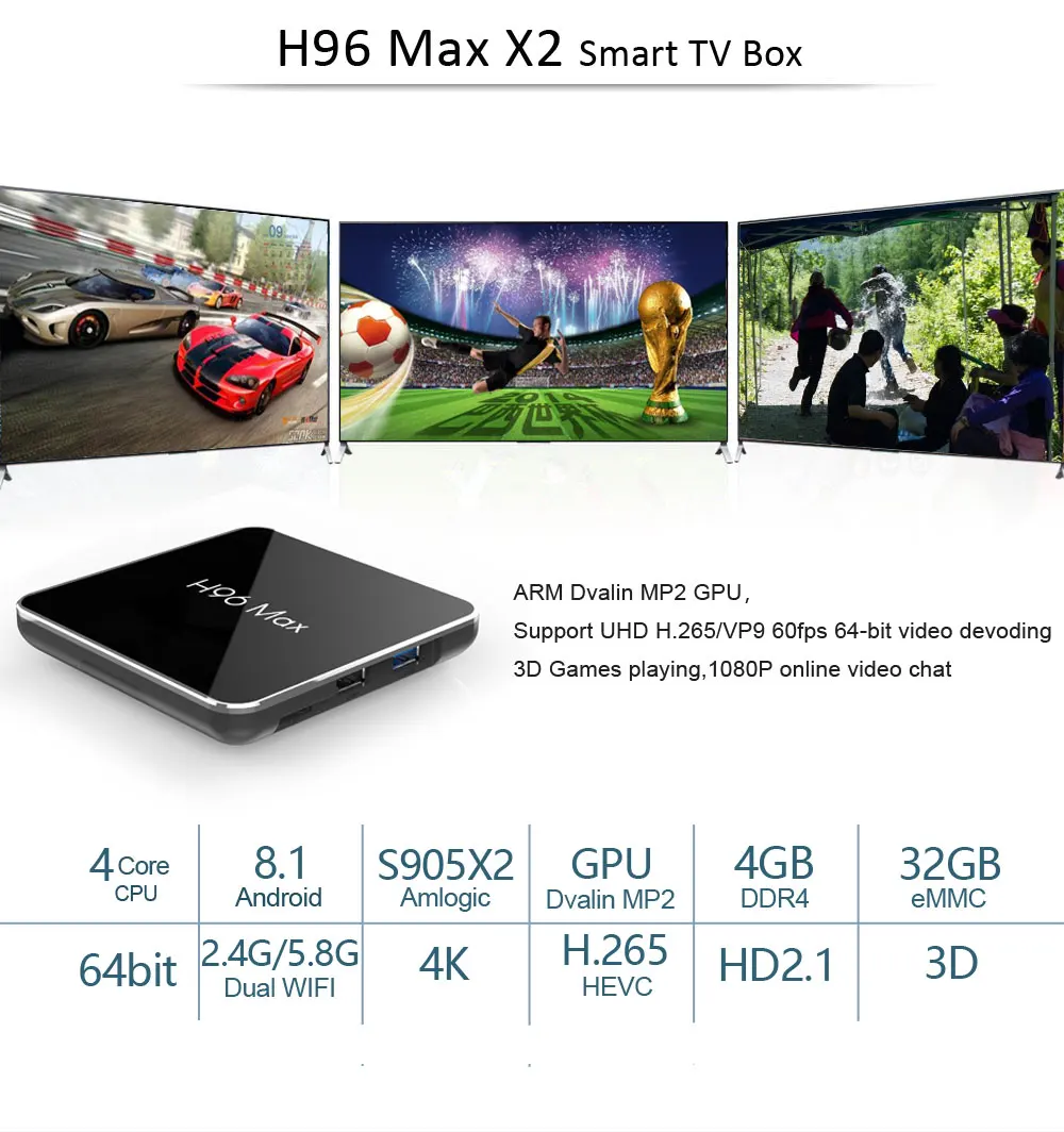 Android 8.1 TV BOX H96 Max X2 Amlogic S905X2 LPDDR4 4 gb 32 gb Quad Core 2.4g/5 ghz wifi Bluetooth H.265 4 k Smart media player