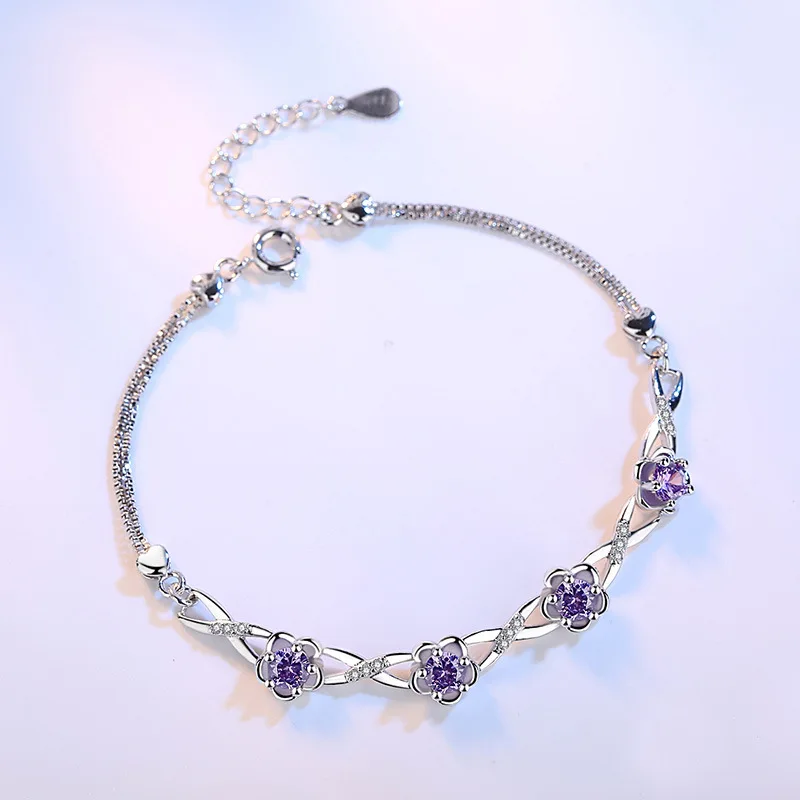 

100% 925 sterling silver fashion plum blossom flower shiny crystal ladies bracelet jewelry promotion gift for women