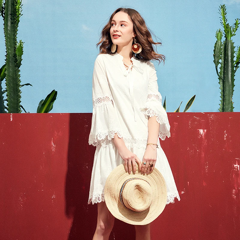 Женское кружевное Хлопковое платье ARTKA белое принцессы с длинным рукавом и