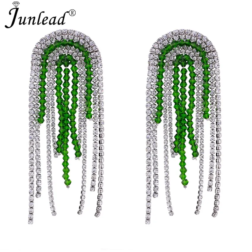 Junlead, новинка, длинные, цветные, с кристаллами, на цепочке, с кисточками, серьги, большие, Роскошные, стразы, массивные, висячие серьги для женщин, свадебные ювелирные изделия - Окраска металла: green