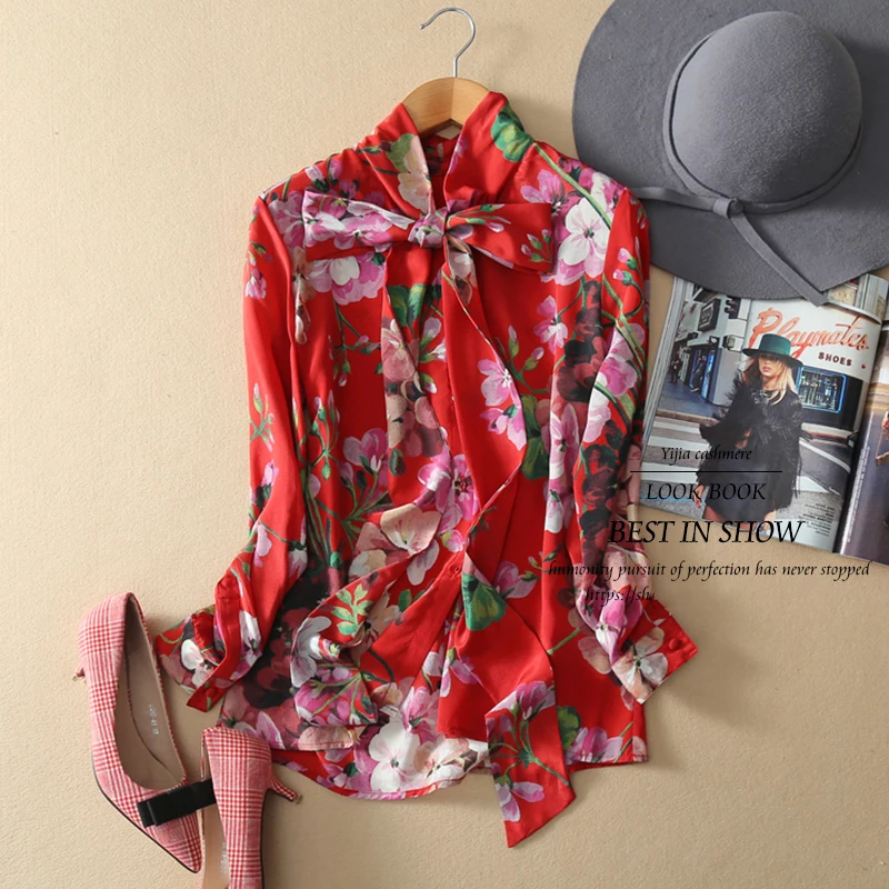 See Orange Red/ Green 2018 Spring Flowers Women's Blouses BowKnot Long Sleeve Shirt Casual Ladies Office Shirts Plue Size SO2266