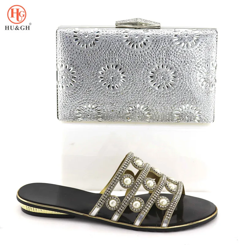 2018 г. Новинка золотой свадебный комплект из обуви и сумки на низком каблуке