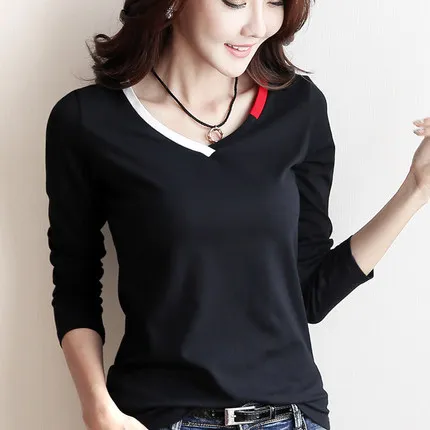 Белая футболка с v образным вырезом и длинными рукавами Женская хлопковая