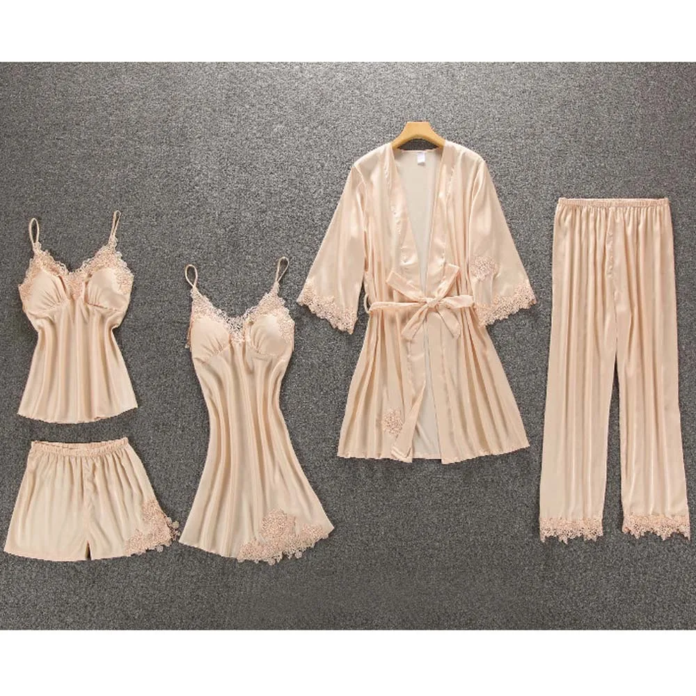 5 шт./компл. Для женщин женская сексуальная сатиновая Ночная сорочка шелковое