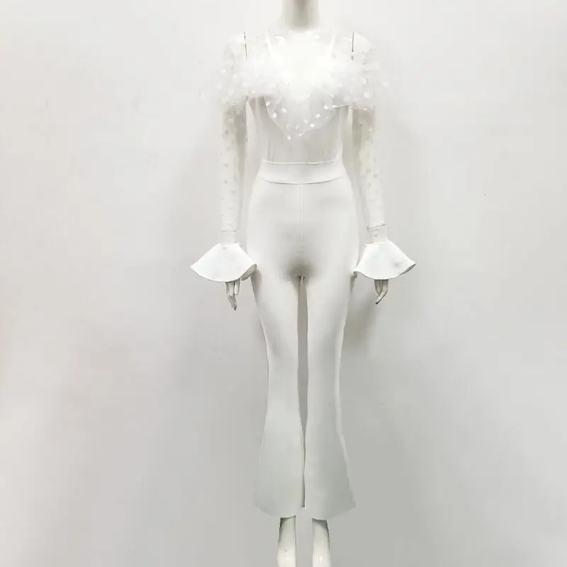 wholesale Newest Celebrity Party Bandage Jumpsuit White lace Long sleeve V-neck sexy perspective Length Women | Женская одежда