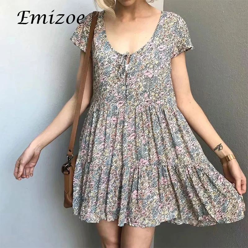 Emizoe 2018 летнее шикарное платье с цветочным рисунком v образным вырезом на шнуровке