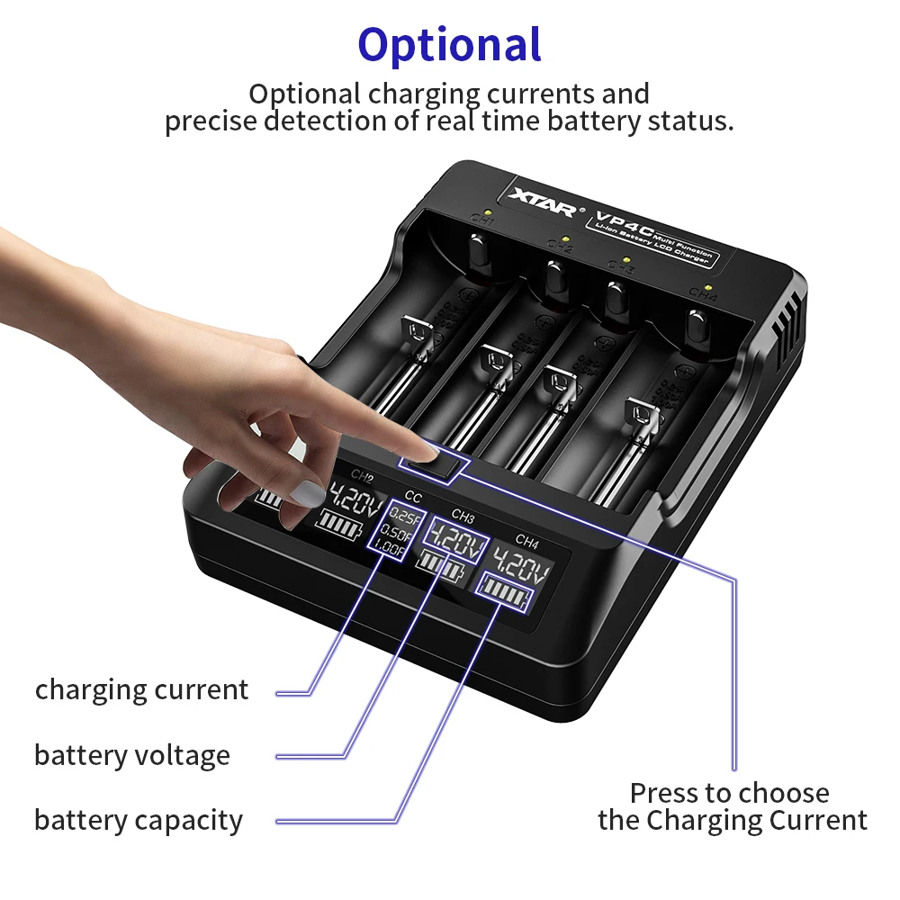 XTAR Батарея Зарядное устройство VP4C Быстрая зарядка DC Входная мощность 5V2A ЖК-дисплей Смарт Зарядное устройство 3,6 V 3,7 V 18650 27100 26650 32650 Батарея Зарядное устройство
