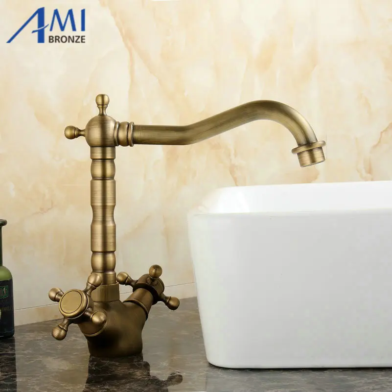 Античная латунь поворотные Кухонные смесители Ванная раковина кран-смеситель