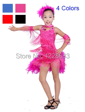 Детское сексуальное короткое с блестками отделкой из перьев латинское платье