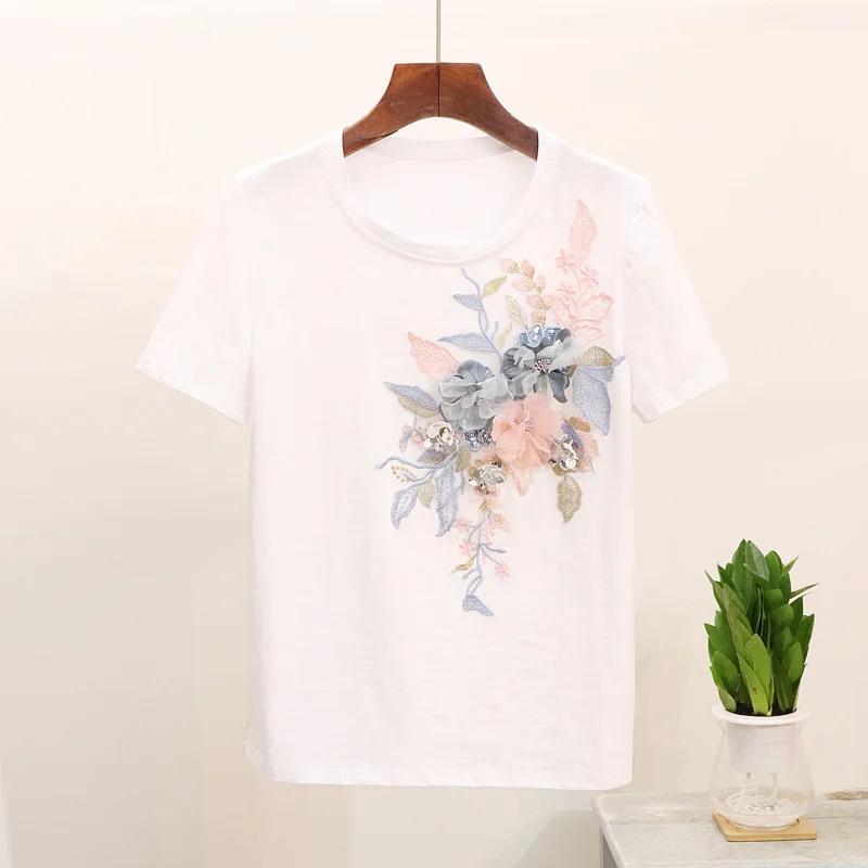 Casual T shirts cotton Women Summer top 2019 Embroidery Sequin Flower Short sleeve Tees Wild Fashion Ladies Tshirts Tops | Женская