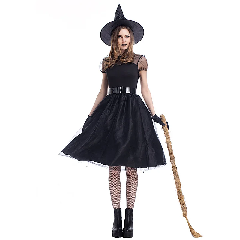 

VASHE Black Witch Costumes Halloween Party Women Witch Role Playings Fairy Tale Sexy Costumes for Woman Fantasia Dress
