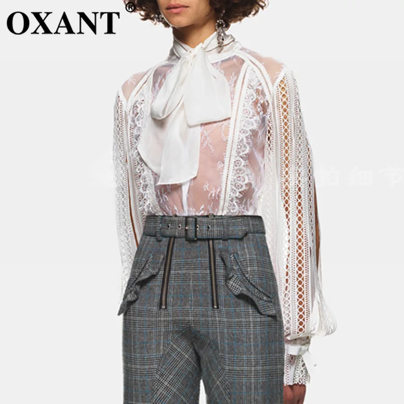 OXANT Сексуальная кружевная блузка Топы женские на шнуровке с бантом и