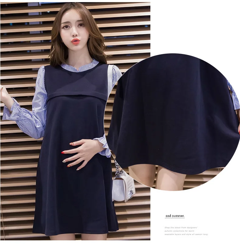 Поддельное платье из 2 предметов с длинным рукавом для будущих мам vestidos платья для кормящих грудью одежда для кормления удобное платье для беременных женщин голубого цвета