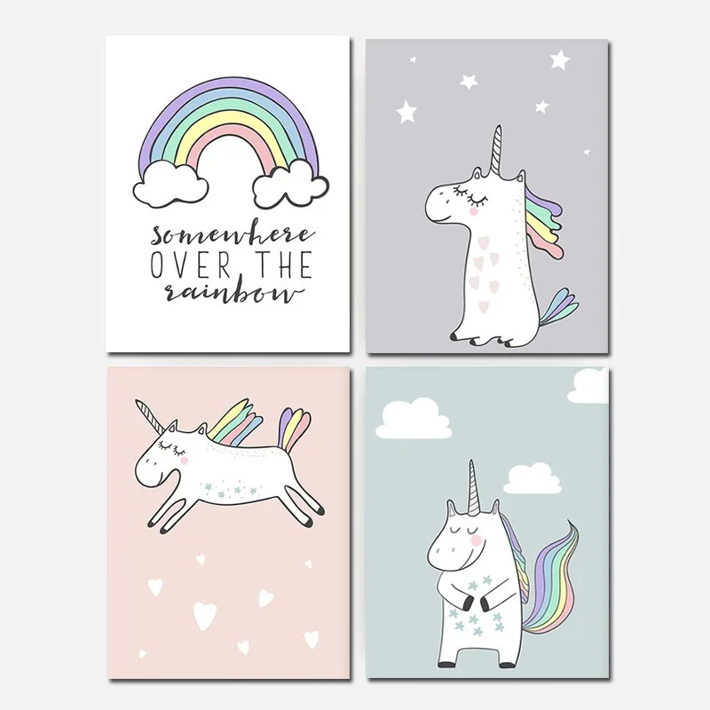 Милый мультяшный постер на холсте для детской комнаты с изображением единорога