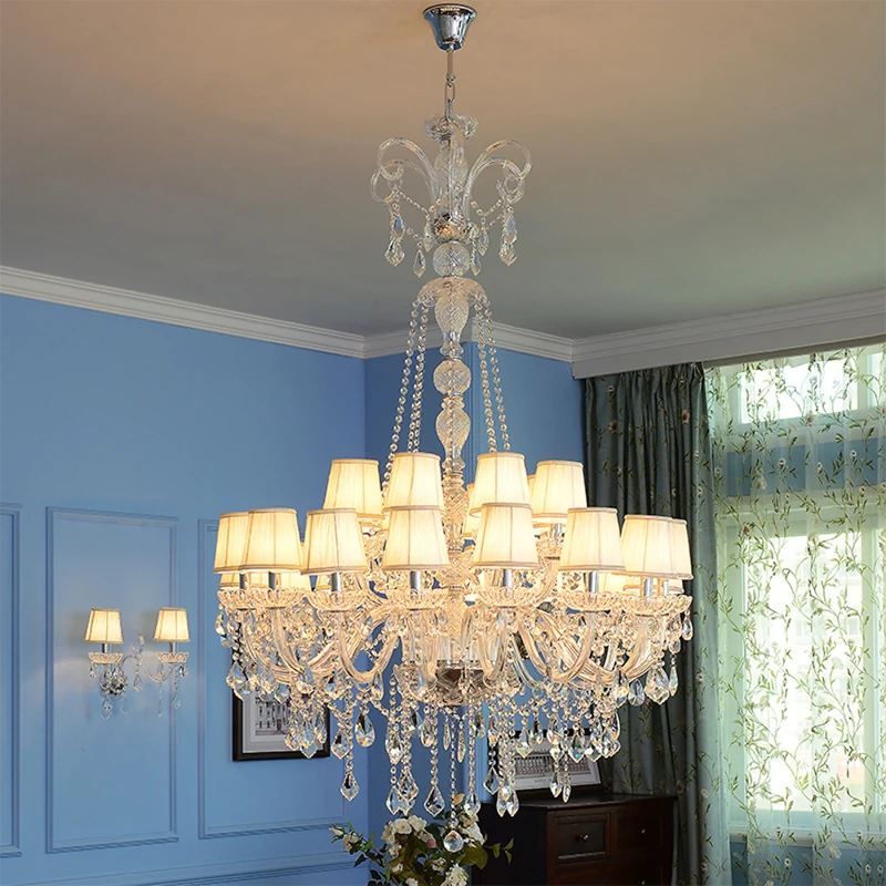 

Traditional Large Chandelier Big Hall Foyer Lamps Luxury Transparent Ceiling Mounted Hanging Pendant Lights Candle Staircase