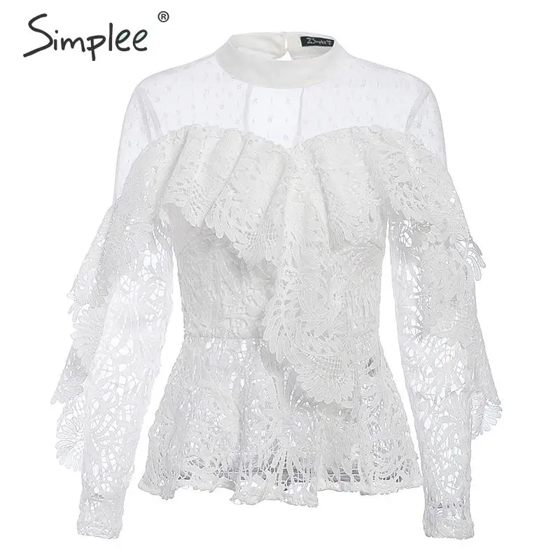 Simplee Ruffled lace mesh embroidery white women blouse shirt Elegant hollow out long sleeve female tops Sexy ladies party | Женская