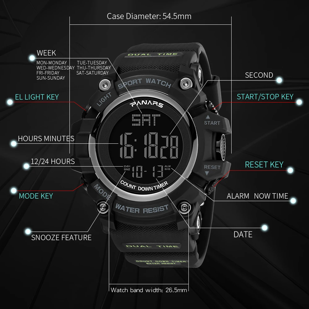PANARS Спорт Digitale Horloge Mannen Duiken Waterbestendig Chrono Polshorloge Mannelijke сигнализации Horloges таймер