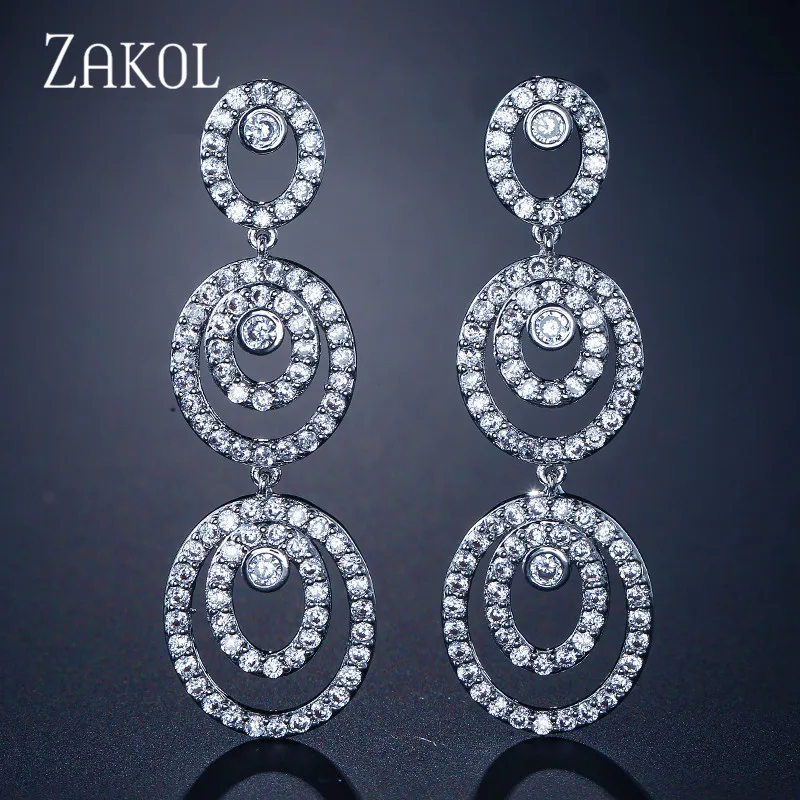 ZAKOL Роскошные 3 шт. круглые Многослойные CZ циркония длинные висячие женские