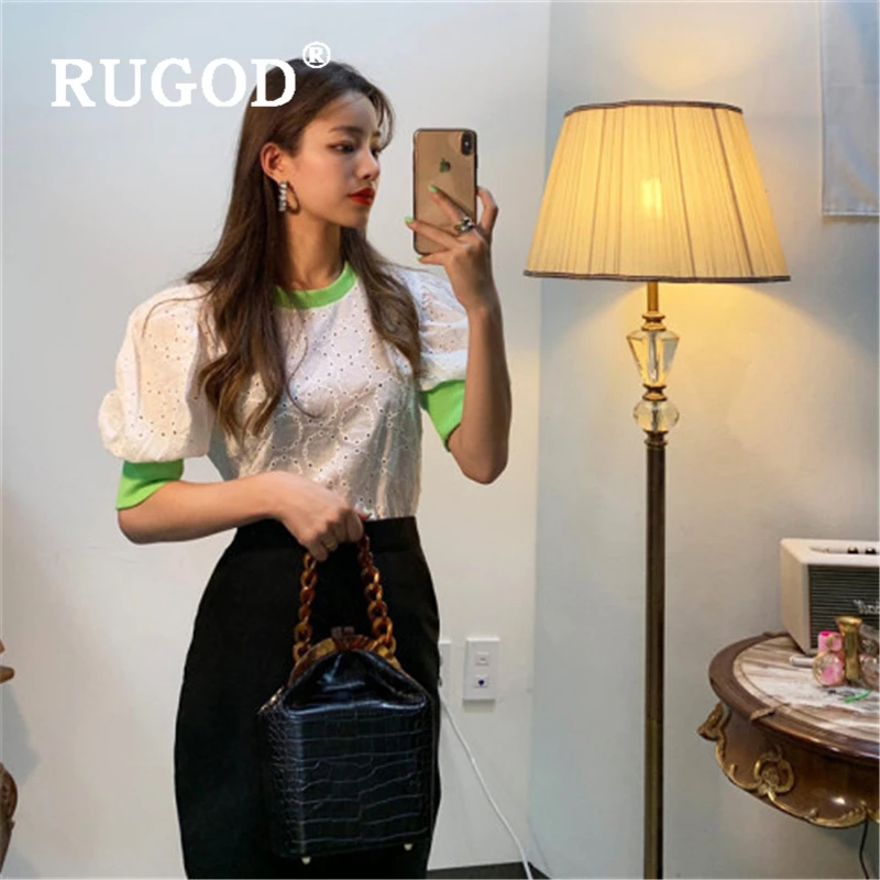 RUGOD/Винтажные женские футболки с оборками в Корейском стиле кружевные открытые
