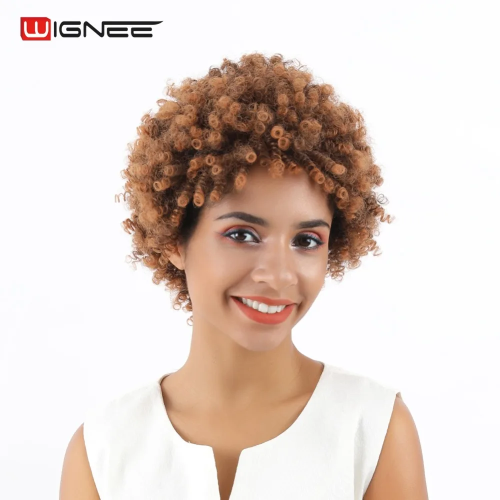 Wignee смешанный коричневый парик с короткими волосами афро кудрявый синтетический парик для женщин высокой плотности термостойкий афроамериканцы парик