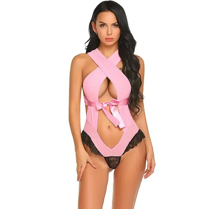 Avidlove Teddis Sexy Lingerie Lace Ruffle Women Sexy Halter Neck Sleeveless Lace Patchwork See Through Lingerie Nightwear