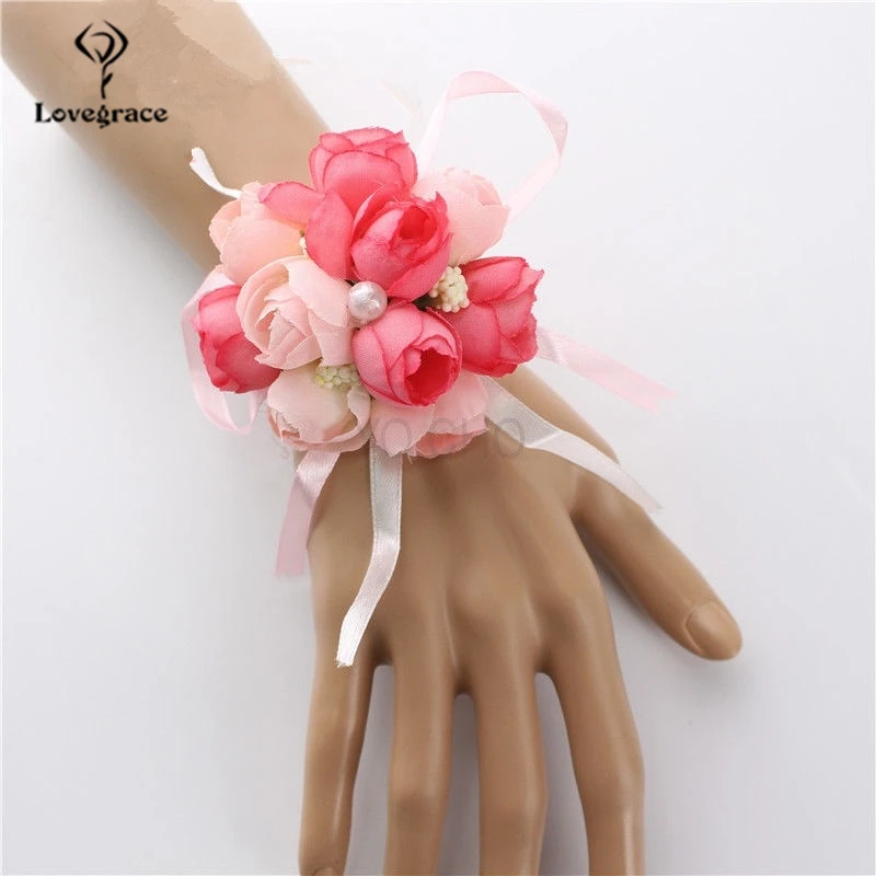Lovegrace Wedding Bridesmaid Wrist Corsage Bracelet Flower Hand and Boutonnieres Silk Rose Wrist Flower Blue Bouquet Accessories