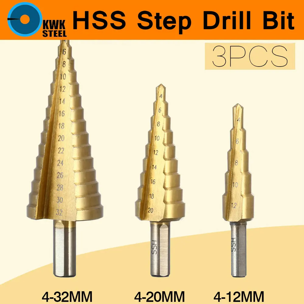 Ступенчатое сверло из быстрорежущей стали с титановым покрытием и шестигранным