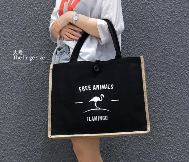 Flamingo big Летняя женская сумка с изображением фламинго, совы, джутовая хлопковая Роскошная большая Вместительная женская Повседневная сумка на плечо, пляжная сумка для покупок для женщин - Цвет: Flamingo big