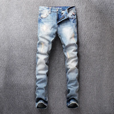 Light Blue Color Модные мужские джинсы в итальянском стиле светло-голубые рваные зауженные джинсы мужские вышитые джинсовые брюки с заплатками уличная хип-хоп джинсы homme - Цвет: Light Blue Color