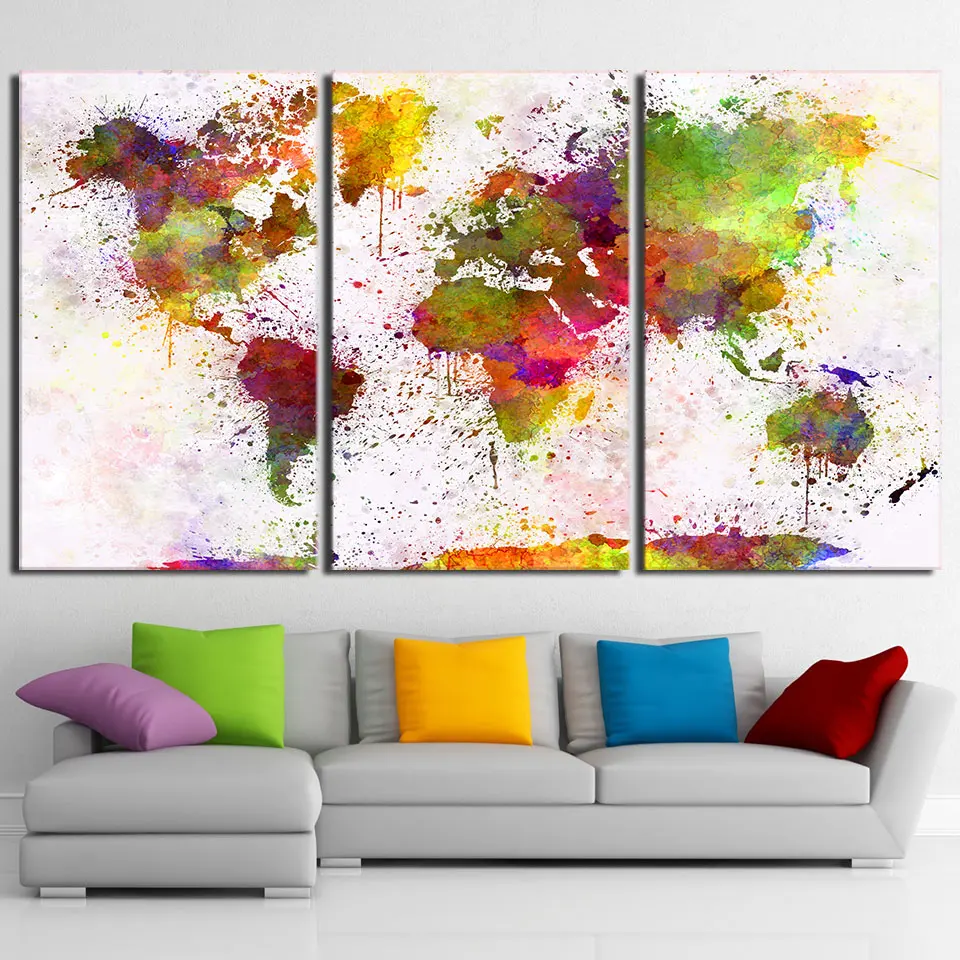 Домашний декор HD expressions Sur Toile Salon Resume Photos 3 шт. Couleur Carte Du Monde Peintures Mur Art Modulaire Affiches Cad |