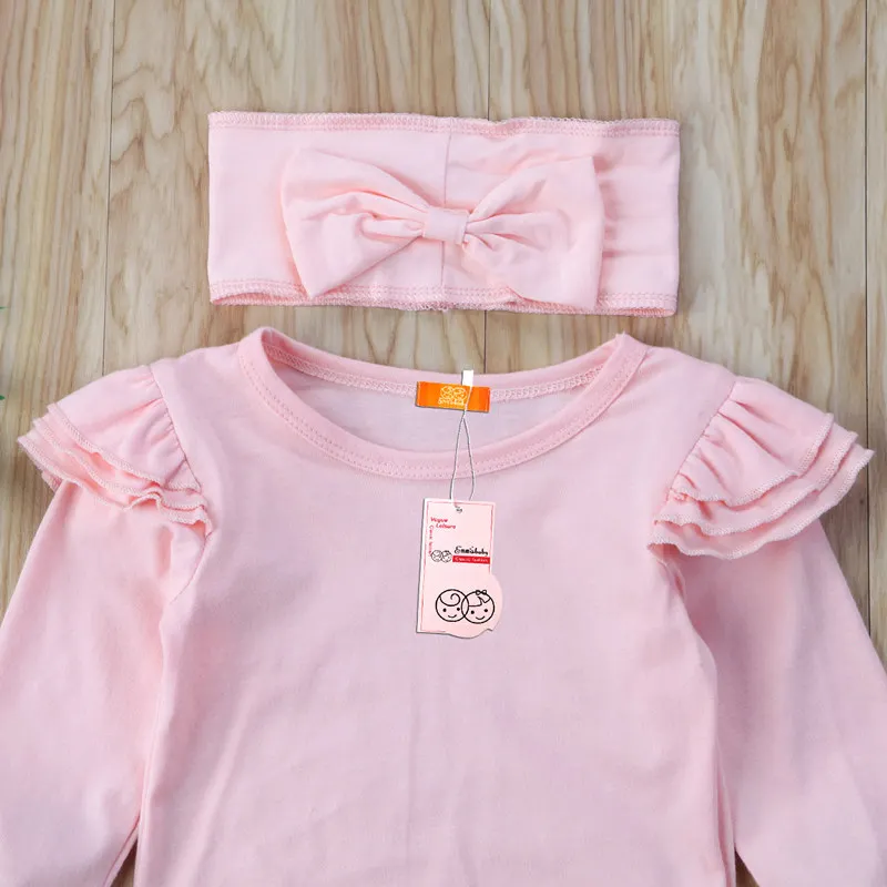 Toddler Newborn Lovely Baby Girl Solid Color Bodysuit Long Sleeve Tops Cartoon Printed Pants Leggings Headband Outfits 3PCS Set | Детская