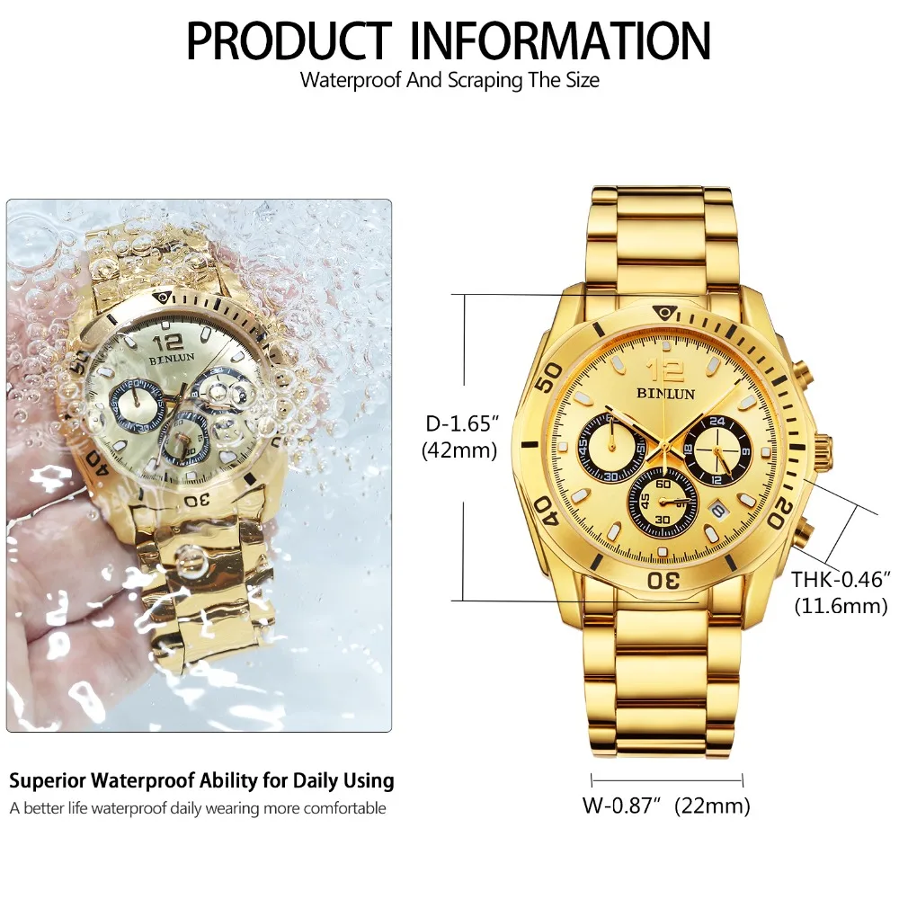 BINLUN Роскошные деловые мужские кварцевые часы с тремя циферблатами прочные
