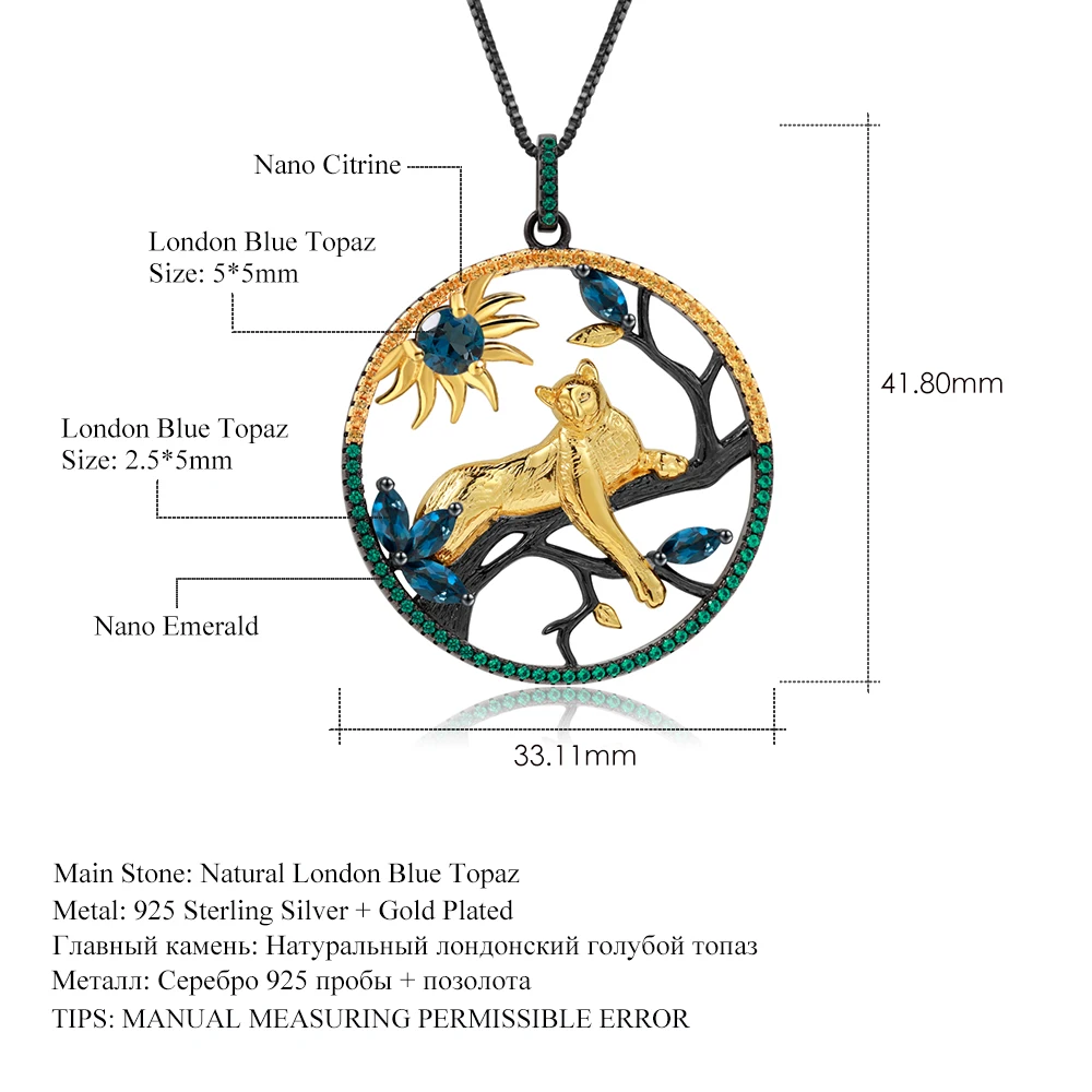 

GEM'S BALLET Natural London Blue Topaz 925 Sterling Silver Handmade Leopard on the Tree Pendant Necklace For Women Fine Jewelry