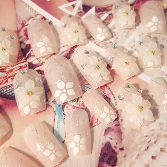 Летняя мода для девочек DIY Искусственные ногти для французского маникюра 3D Цветы резьба накладные ногти полное покрытие салон украшенный ногтей советы с клеем