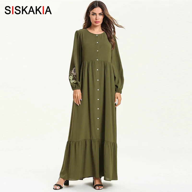 Army Green dress Siskakia элегантное Грудное вскармливание длинное платье однобортное круглый вырез качели Макси платья Длинные рукава оборки качели вышитые - Цвет: Army Green dress