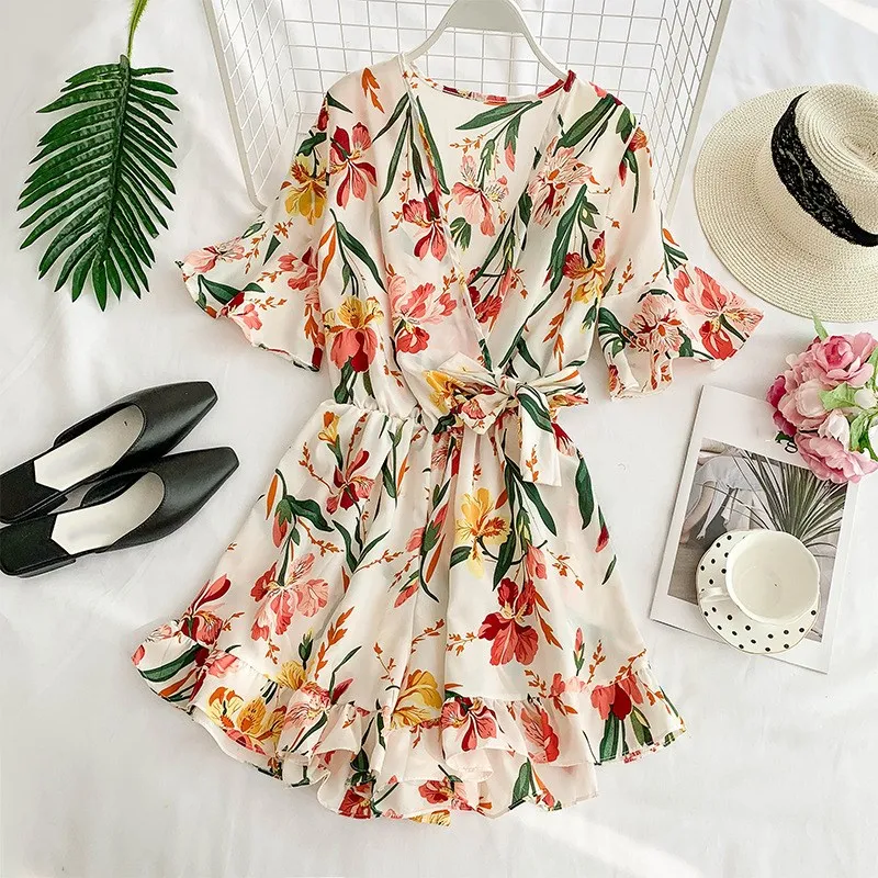 Женский винтажный комбинезон с принтом и треугольным вырезом пляжный короткий