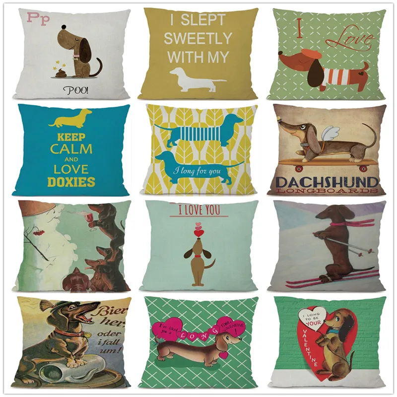 

Cotton Linen Dachshund Dog Cushion Cover Cartoon Sausage Dogs Pillow Case For Home Office Chair Sofa Decoration