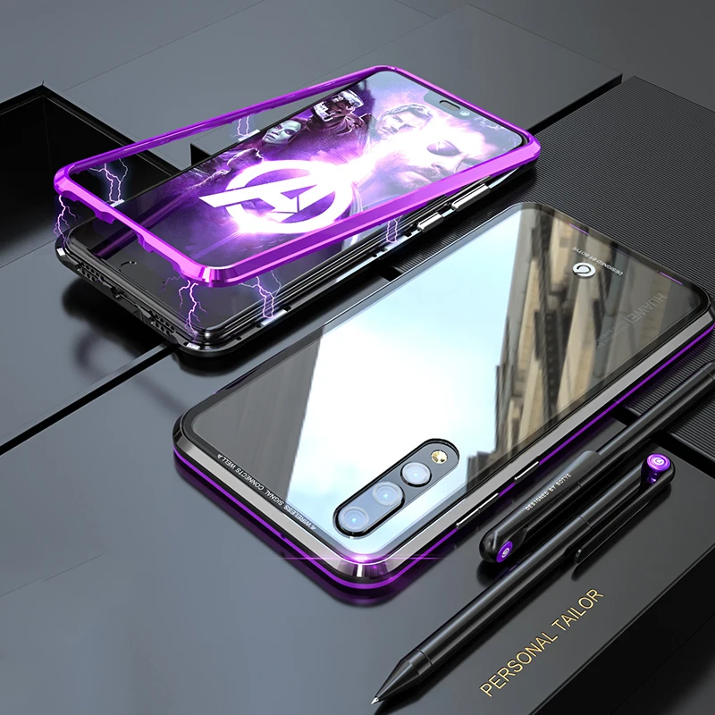 Роскошный металлический магнитный чехол для huawei P20 PRO, чехлы с откидной крышкой для huawei P20 Lite, бампер из закаленного стекла, металлическая рамка, чехол - Цвет: Black Pruple