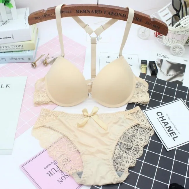 Beige Сексуальный комплект нижнего белья с застежкой спереди, глубокий v-образный вырез, пуш-ап, комплекты бюстгальтеров для женщин, Y плечевой ремень, чашка 3/4, комплект бюстгальтера и трусиков, женское нижнее белье - Цвет: Beige