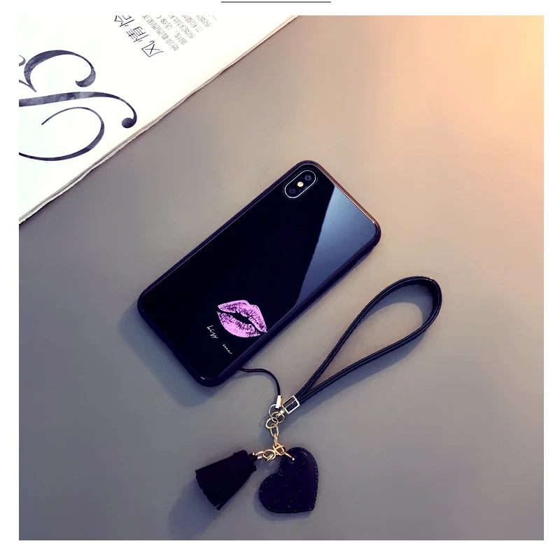BONVAN чехол для iPhone X XR XS Max 7 case закаленное стекло Жесткий Чехол губы печати кисточкой шнурки чехол на айфон 6 6S 7 8 плюс случай защиты чехлы на телефон