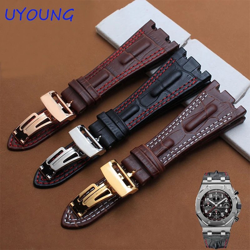 Ремешок для часов из натуральной кожи 28 мм черный кожаный браслет с складной