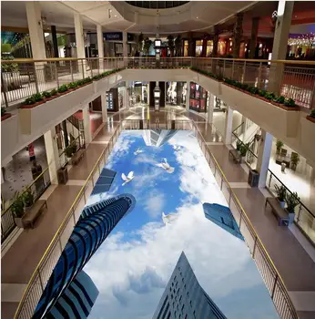 Modern Custom 3D floor mural The blue sky white clouds pigeon city in a building PVC floor sticker painting Murals