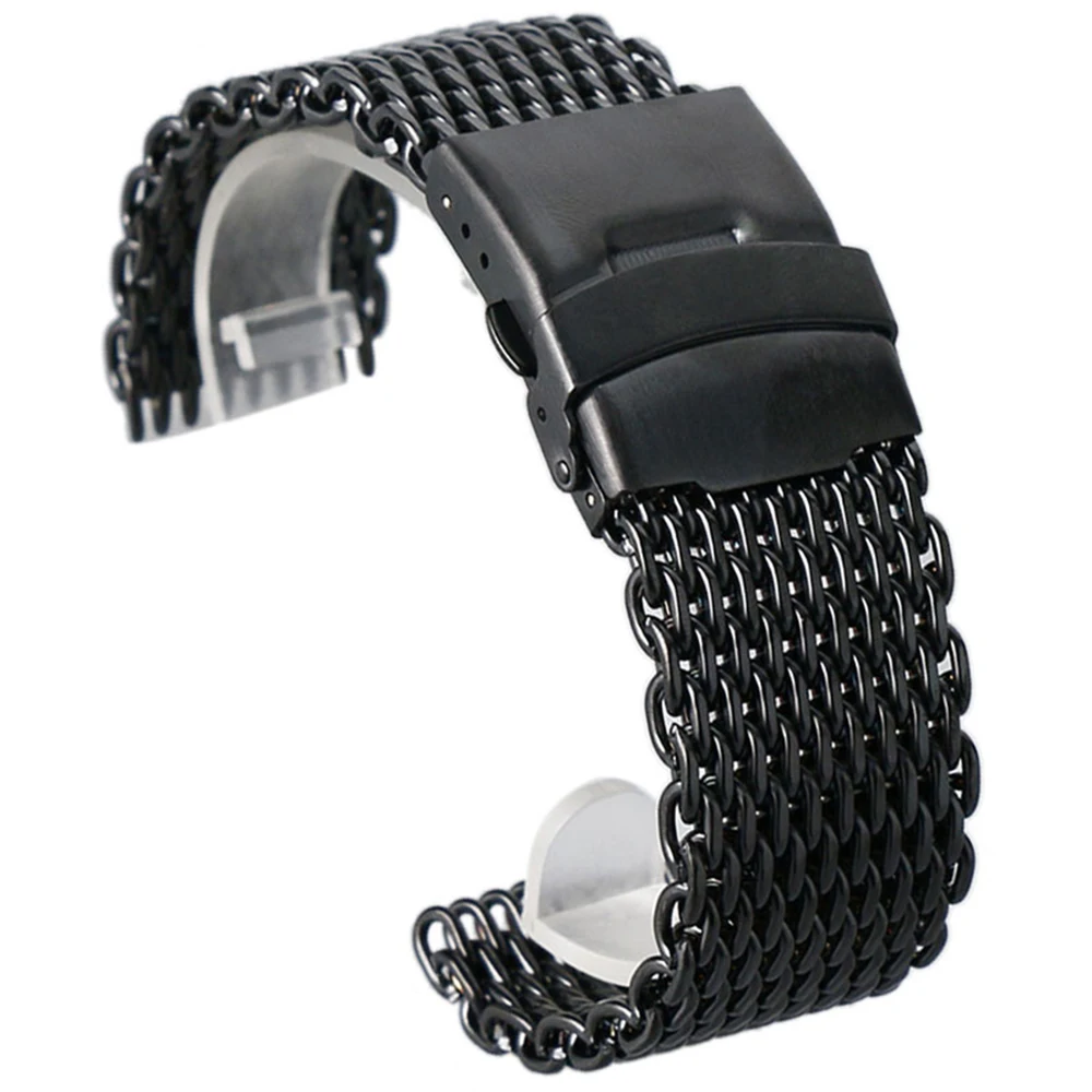 

Men's 18mm 20mm 22mm 24mm Black Stainless Steel Mesh Watch Band Fold Over Clasp With Safety Women Wrist Strap