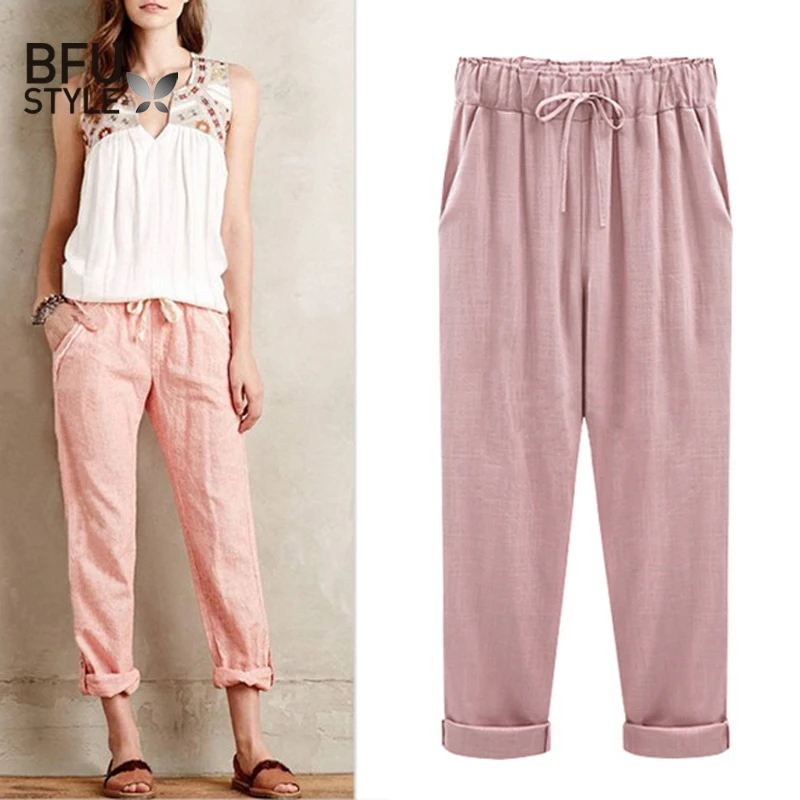 Женские льняные брюки-шаровары до щиколотки повседневные зеленые брюки