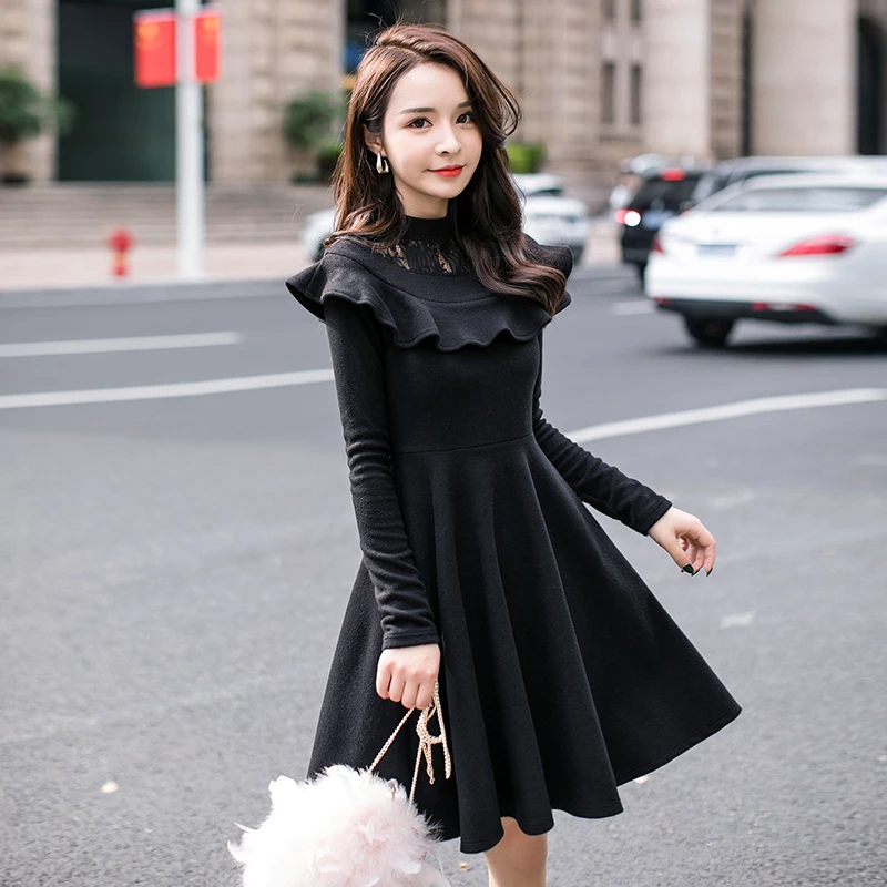 Зимнее модное женское элегантное вязаное платье кружевное лоскутное облегающее