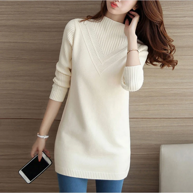 Весенний новый теплый свитер с воротником средней высоты вязаный пуловер длины