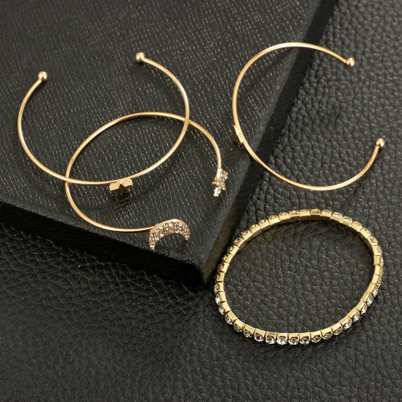 HOCOLE 4pcs/set Moon Star Heart Charm Cuff Bracelets&amp Bangles Gold Silver Color Micro Paved Crystal Bracelet Sets For Women - купить по